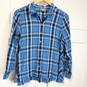 J.Jill woman’s Blue Plaid button down long sleeve Shirt blouse size medium petit